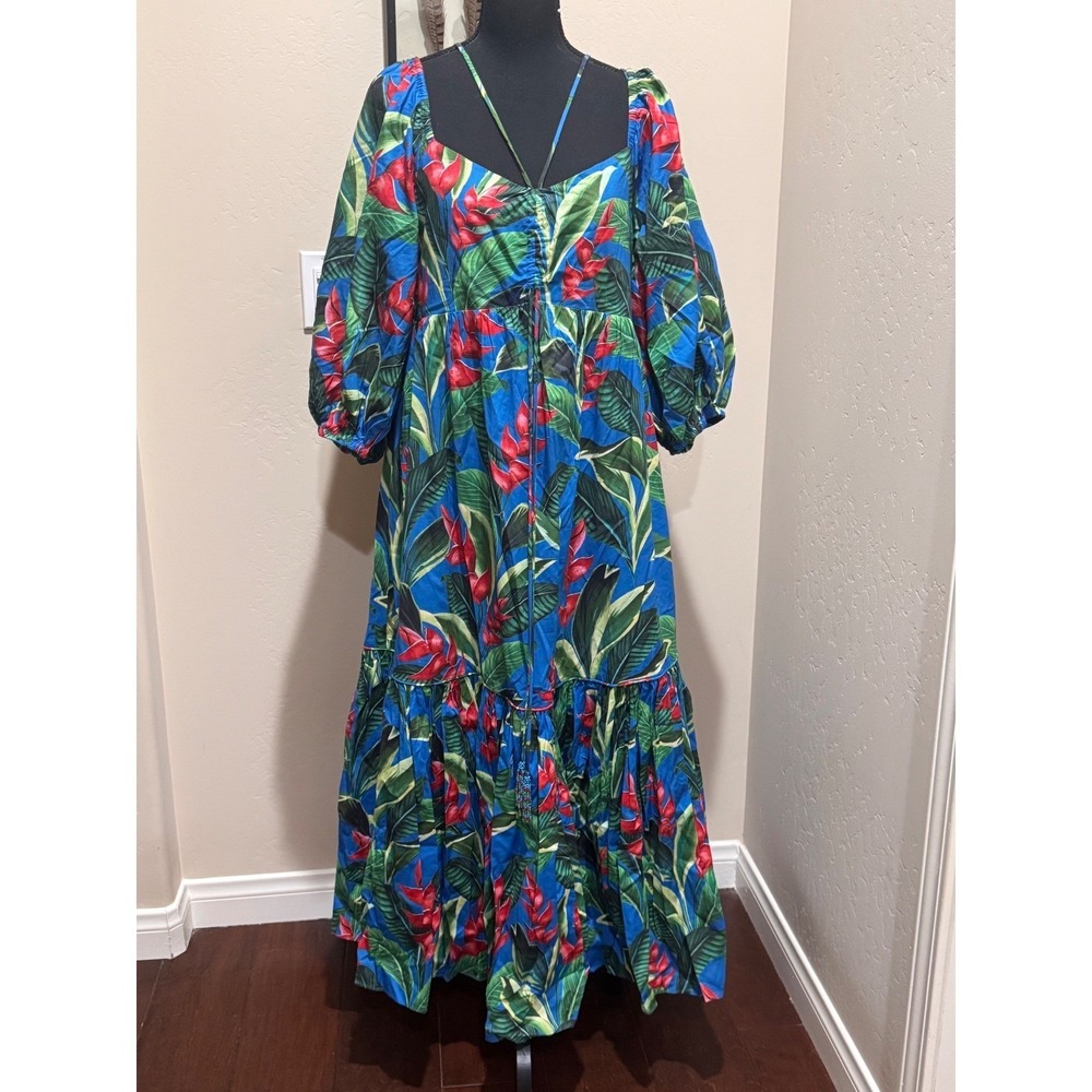 Farm Rio Blue Tropical Botanical Print Beaded Tiered Midi Dress Large - Picture 2 of 8